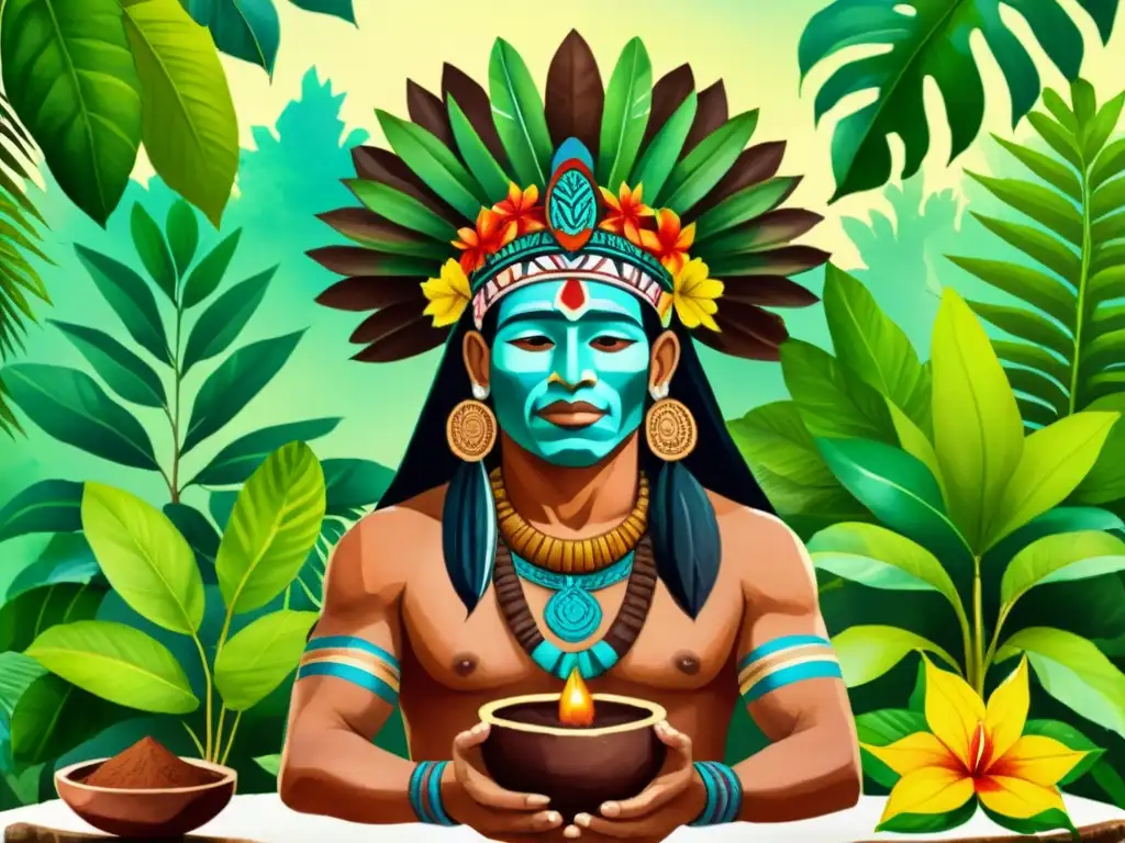 Imagen de un chamán maya realizando un ritual ceremonial con cacao en medio de exuberante vegetación tropical y flores vibrantes