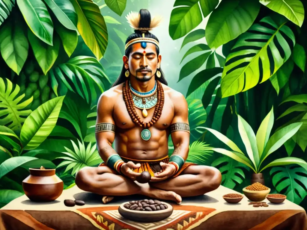 Imagen de un chamán maya realizando un ritual con granos de cacao, rodeado de exuberante follaje tropical y patrones vibrantes, simbolizando la conexión espiritual y las antiguas tradiciones