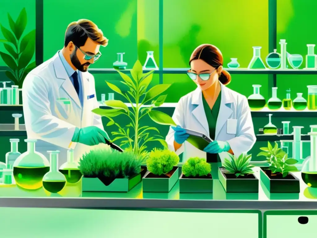 Imagen de científicos extrayendo compuestos terapéuticos de plantas en un laboratorio vibrante