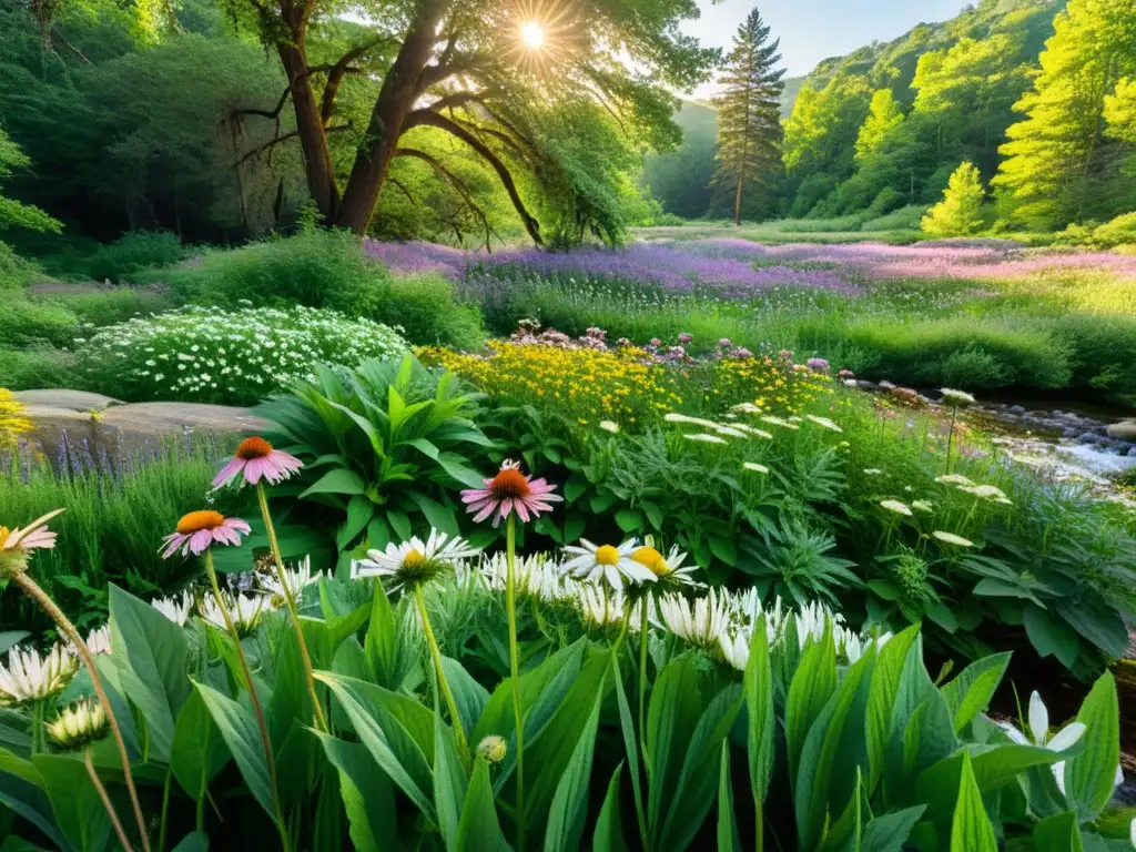 Imagen de un exuberante bosque con plantas medicinales en flor, reflejando armonía y belleza natural para el consumo sostenible de plantas medicinales