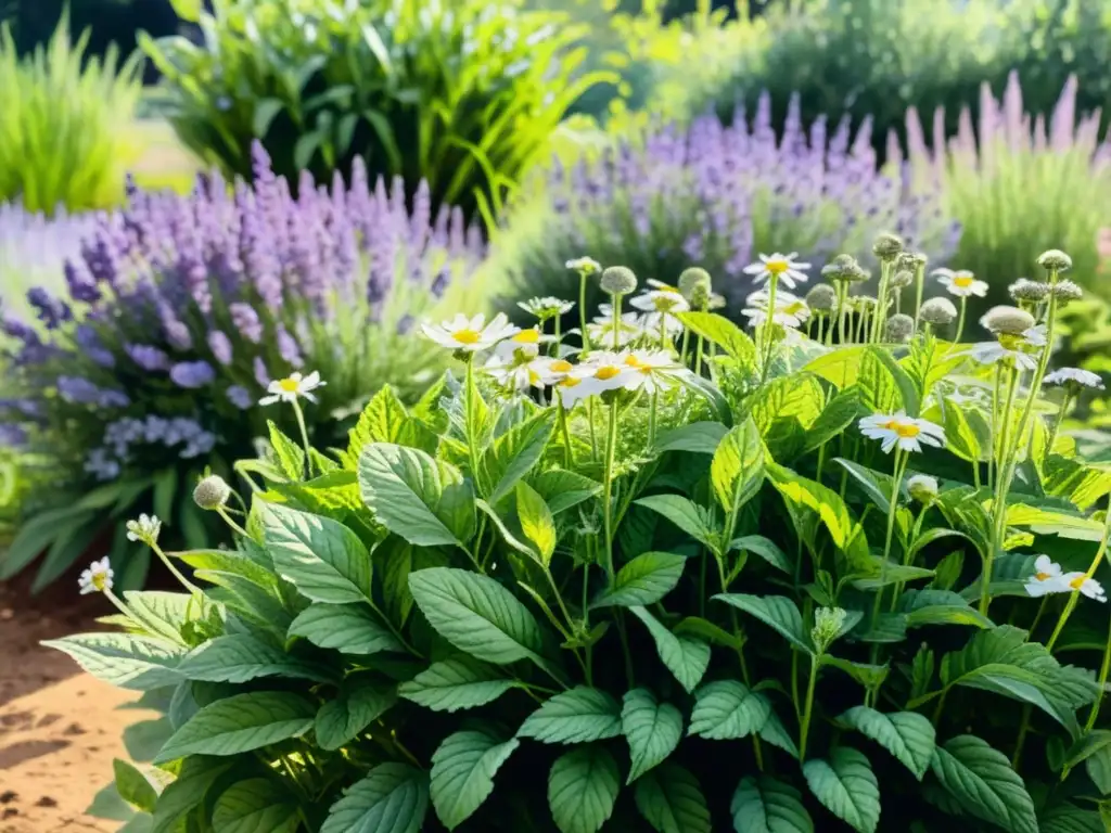 Imagen de un exuberante jardín de hierbas con detalle asombroso, ideal para la guía práctica cultivo plantas medicinales