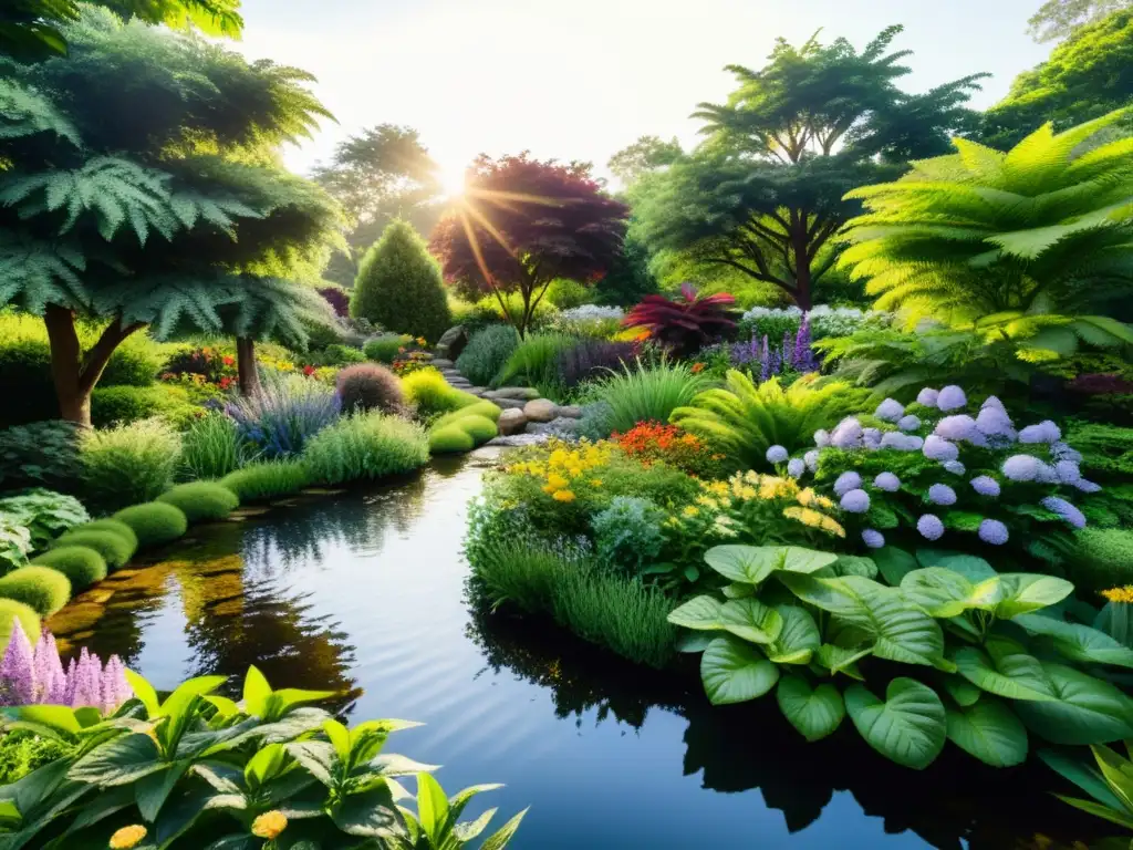 Imagen de un exuberante jardín botánico con plantas medicinales saludables y detalladas, bañadas por la cálida luz del sol