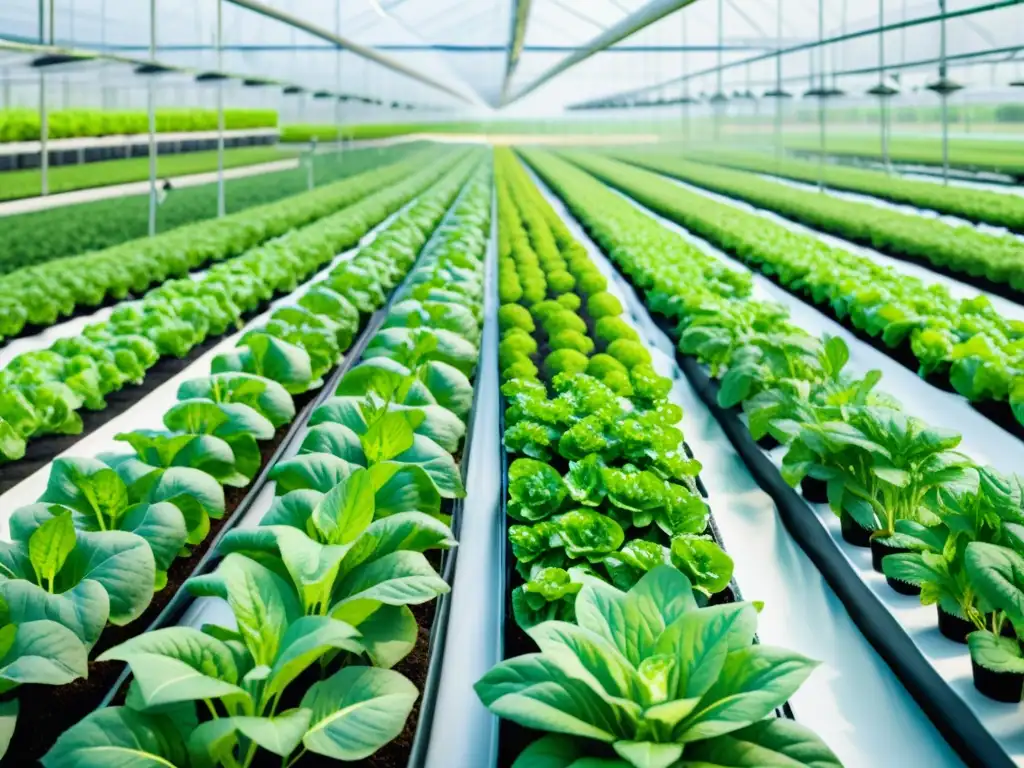 Imagen de una granja hidropónica comercial con verduras y hierbas en agua, trabajadores y moderna infraestructura