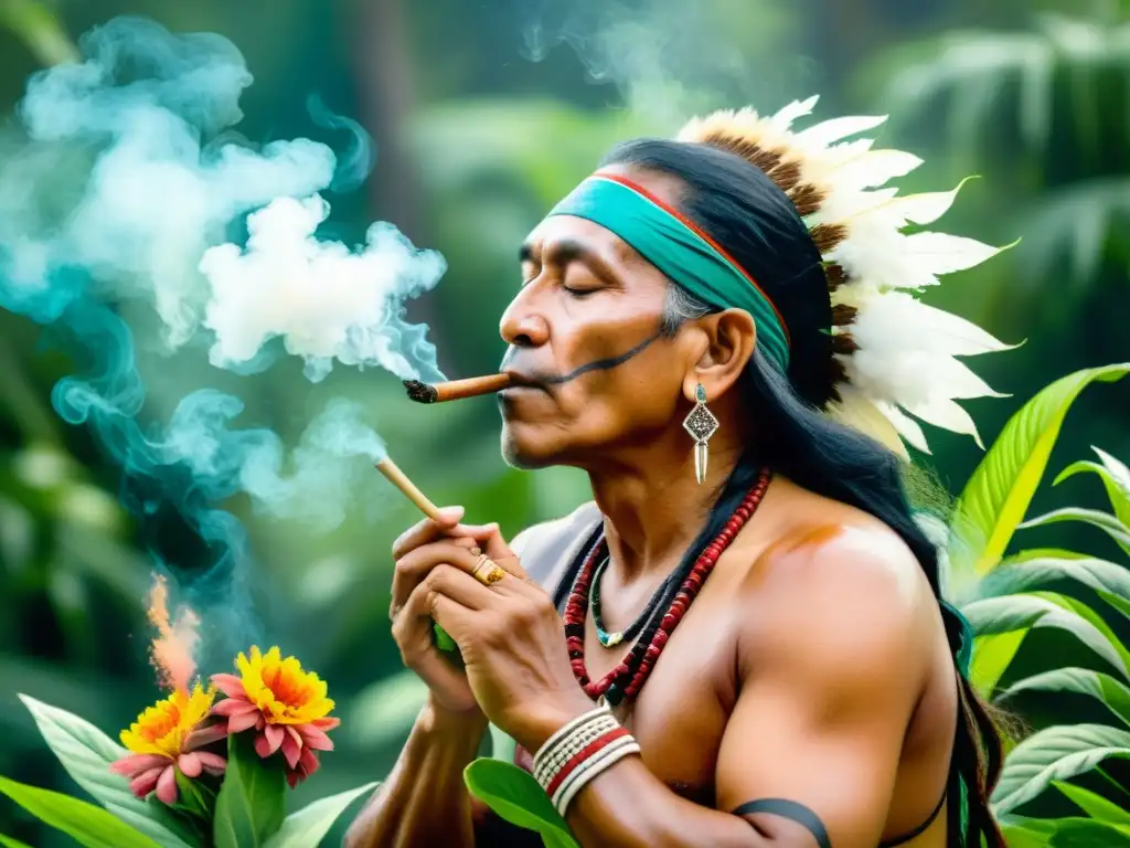 Imagen de un chamán indígena realizando un ritual sagrado del tabaco en medio de exuberante vegetación