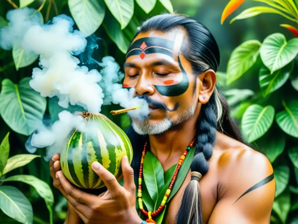 Imagen de un chamán indígena realizando un ritual de sanación rodeado de exuberante vegetación y plantas exóticas