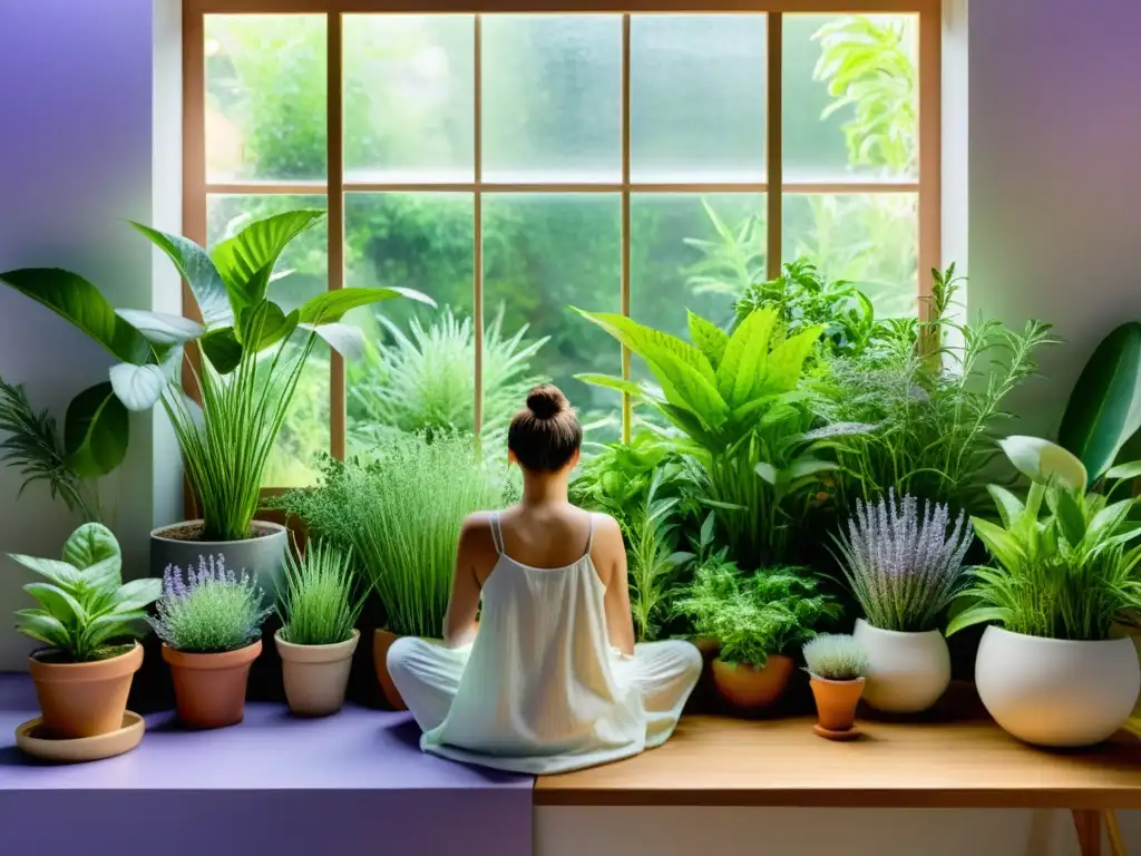 Imagen de un jardín interior tranquilo con plantas medicinales para meditación en casa, exudando serenidad y calma