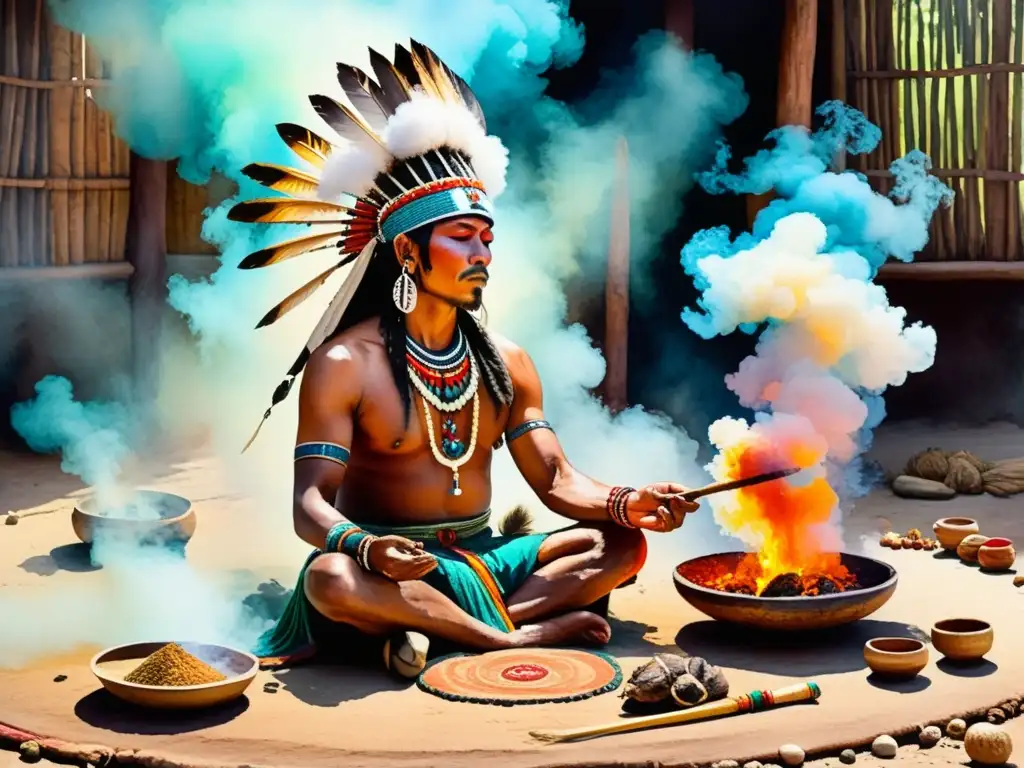 Imagen de una pintura acuarela de un chamán realizando un ritual sagrado con tabaco, evocando una atmósfera espiritual trascendente