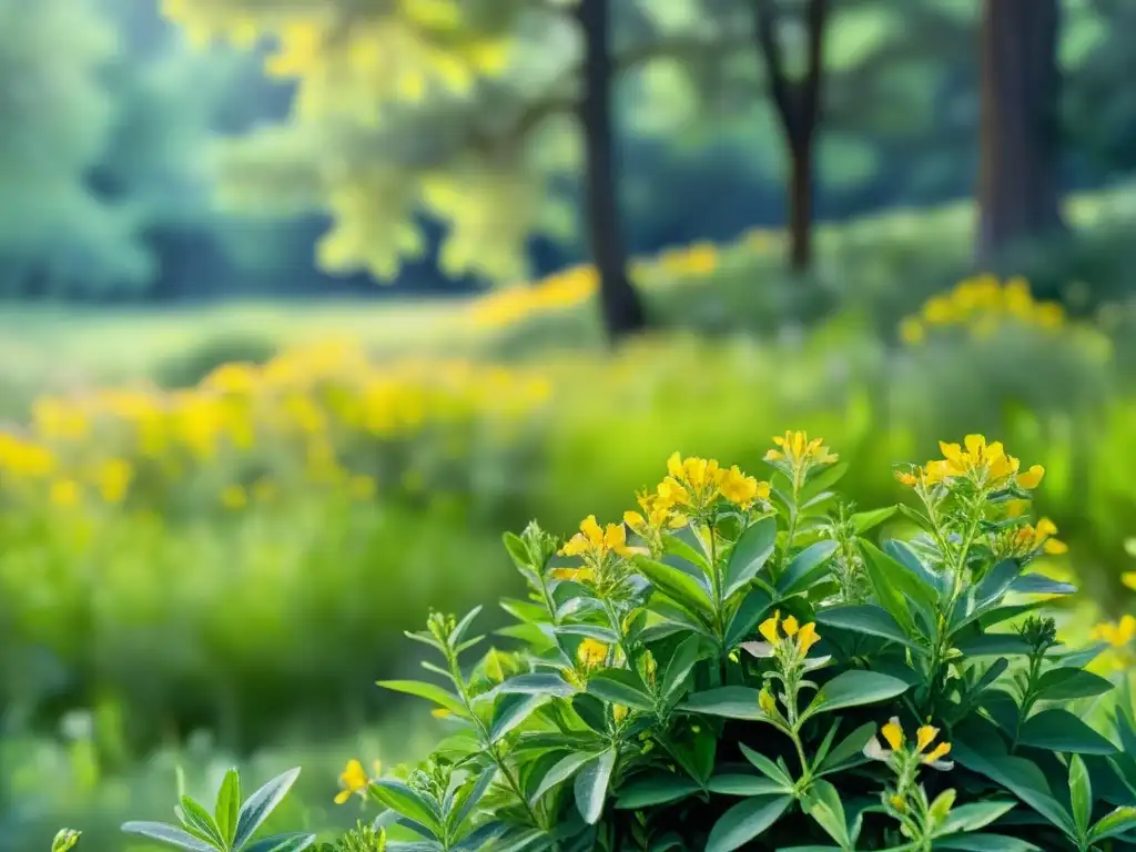 Imagen de una pintura en acuarela de un prado verde exuberante con flores de hierba de San Juan amarillas en flor
