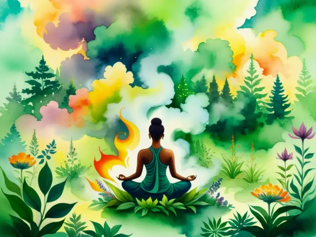 Imagen de pintura acuarela detallada de un espacio de meditación sereno con humo de hierbas sagradas, exudando tranquilidad y espiritualidad