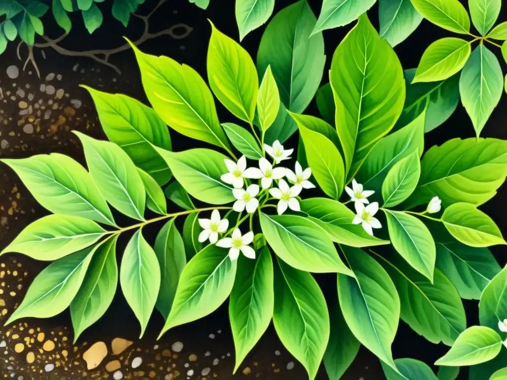 Imagen de planta medicinal sana con hojas verdes vibrantes y flores blancas delicadas, destacando su belleza natural y vitalidad