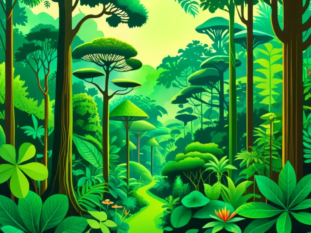 Imagen de plantas enteógenas en la cultura: exuberante selva con árboles imponentes, follaje vibrante y misteriosa atmósfera espiritual