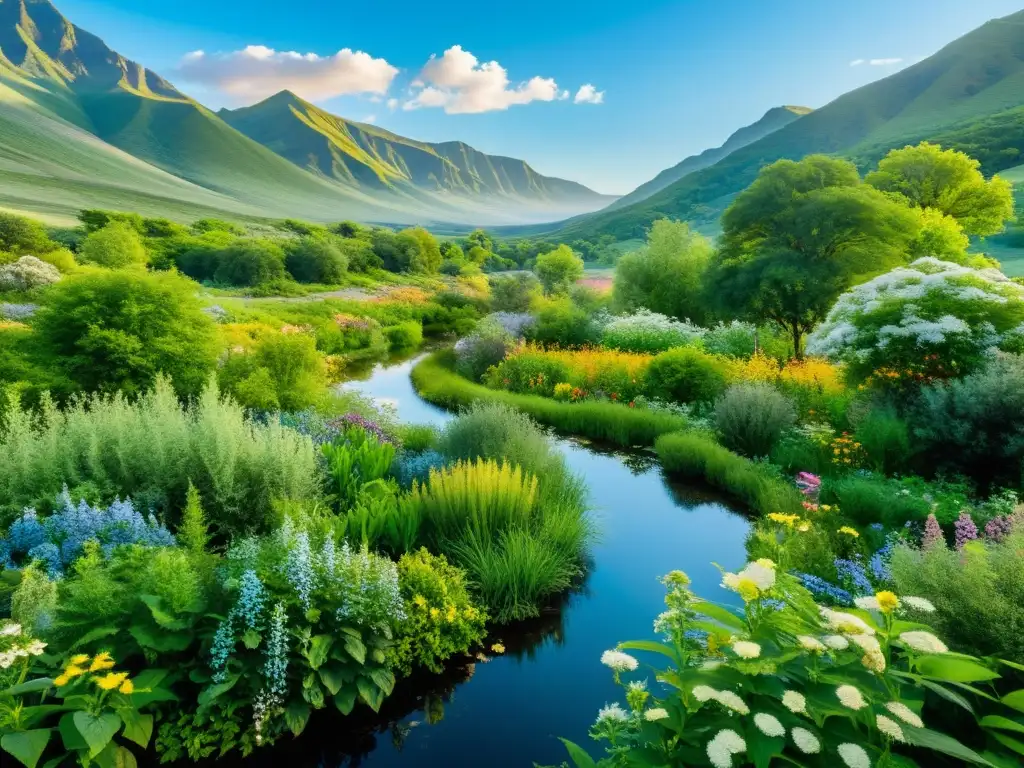 Imagen de restauración ecológica con plantas medicinales en un prado sereno y exuberante, reflejando armonía y vitalidad