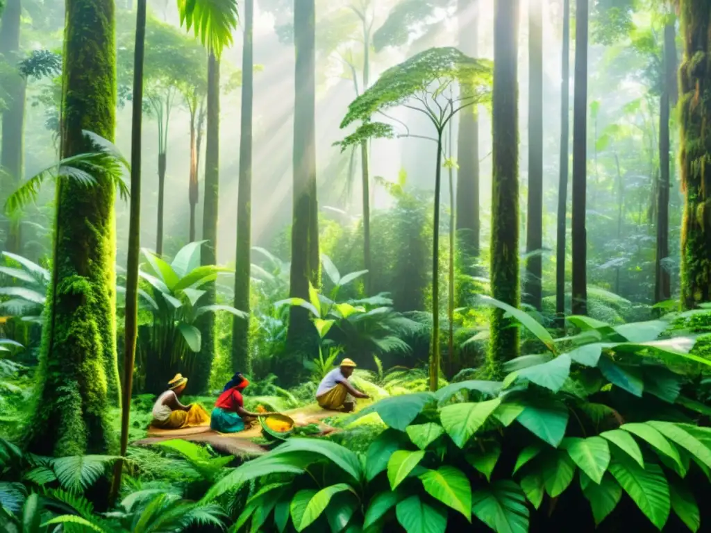 Imagen de selva exuberante con recolección de plantas medicinales