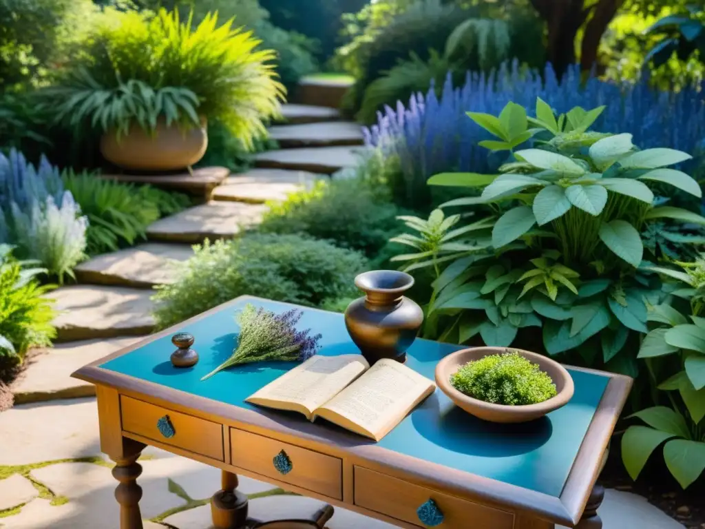 Imagen de jardín botánico sereno con hierbas secas y libros antiguos