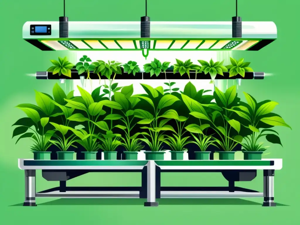 Imagen de una sofisticada y eficiente automatización en hidroponía, con exuberante vegetación verde en un sistema vibrante de acuarela