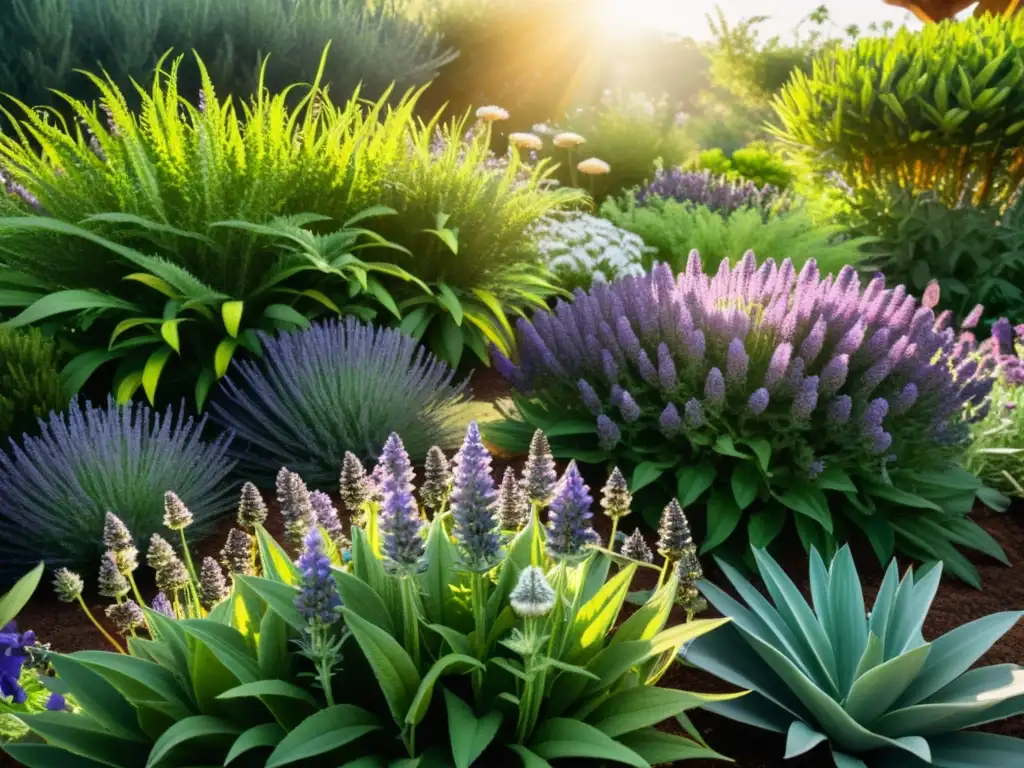 Imagen 8k de jardín terapéutico con plantas medicinales, abejas y mariposas