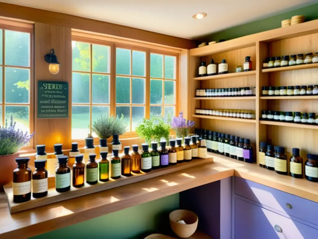 Imagen de una tranquila tienda de hierbas y aceites esenciales con consejos para emprendedores en aromaterapia y plantas medicinales