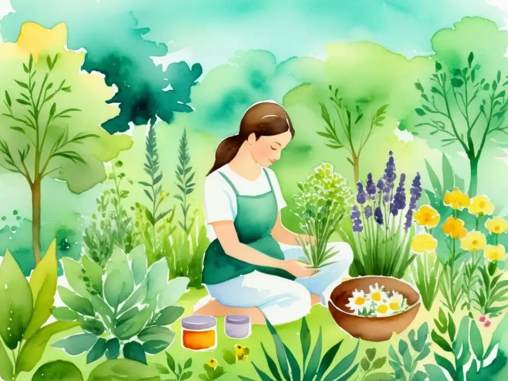 Imagen de un jardín tranquilo con hierbas y flores vibrantes, donde se elaboran recetas caseras de bálsamos y ungüentos