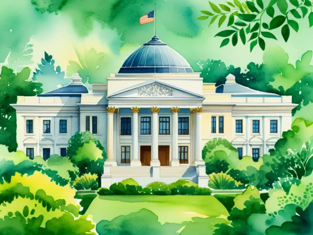 Imponente edificio gubernamental rodeado de exuberante vegetación, reflejando autoridad y armonía natural