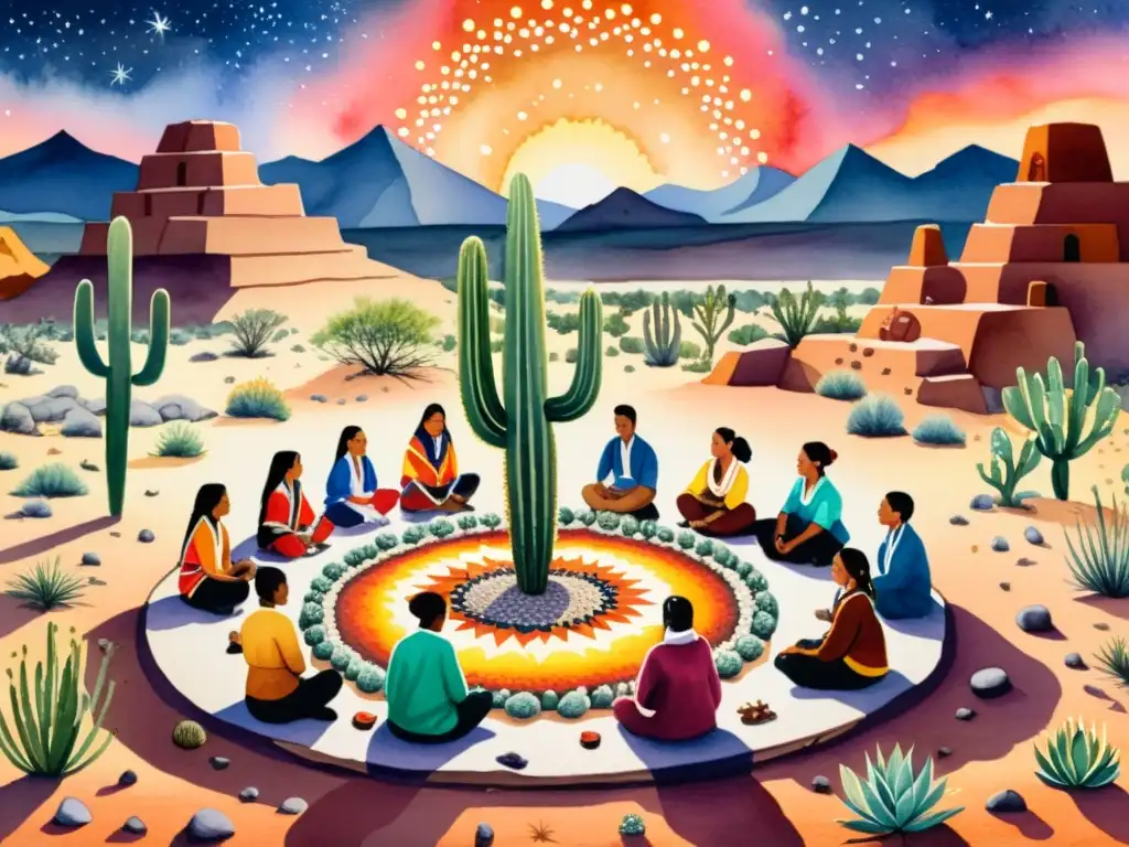 Importancia cultural del peyote: Pintura detallada de una ceremonia indígena con personas, fuego y desierto, transmitiendo conexión espiritual