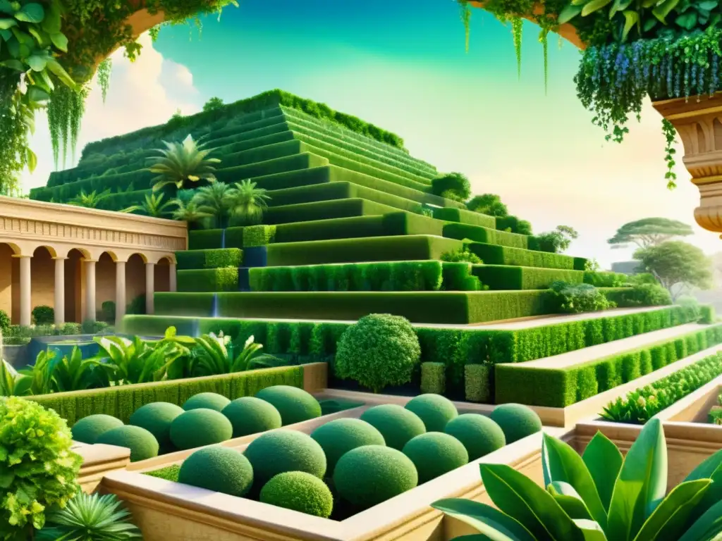 Una impresionante ilustración en acuarela de los Jardines Colgantes de Babilonia, mostrando exuberante vegetación en terrazas con intrincados sistemas de riego y detalles arquitectónicos antiguos