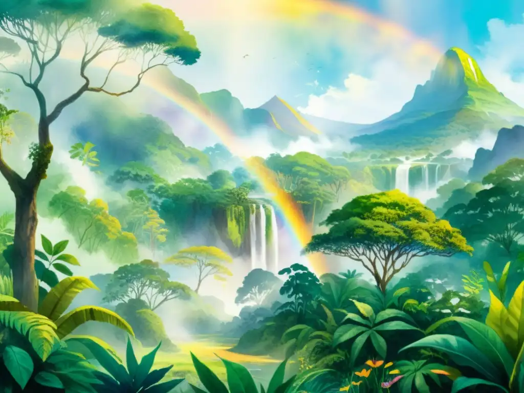 Una impresionante ilustración en acuarela de un exuberante escenario de selva tropical, con plantas medicinales entrelazadas y una atmósfera etérea