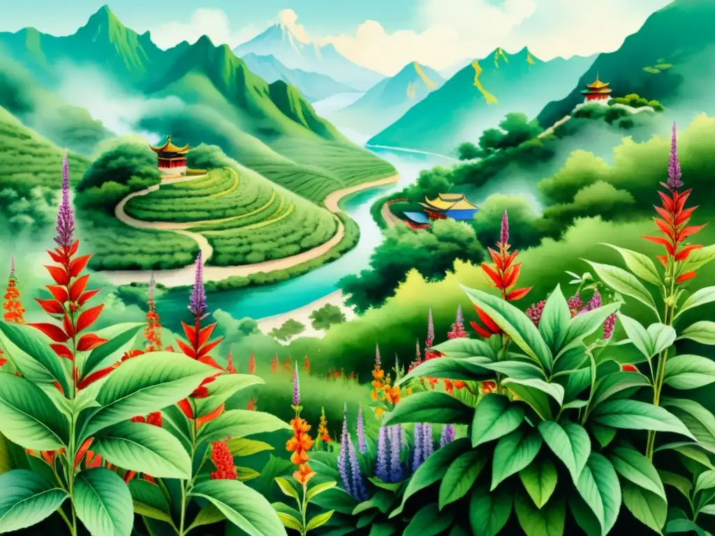 Una impresionante ilustración en acuarela de un exuberante jardín de hierbas chinas, con plantas vibrantes de Salvia miltiorrhiza en plena floración