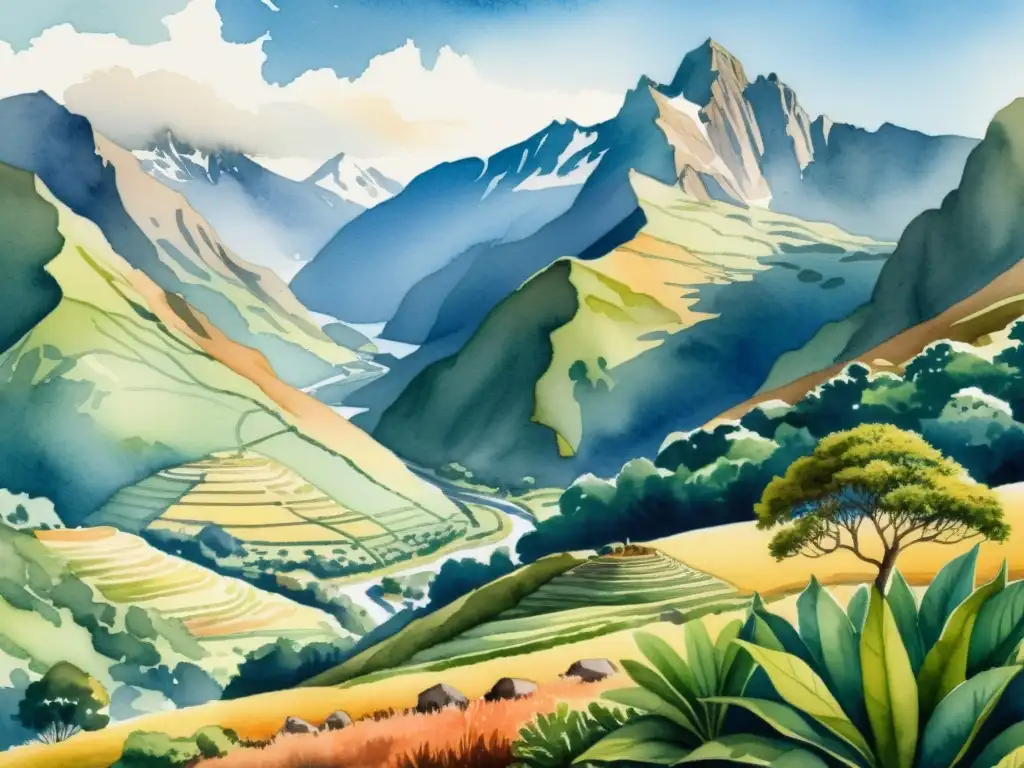 Una impresionante ilustración en acuarela de la exuberante y vibrante cordillera andina, destacando la planta de maca en su hábitat natural