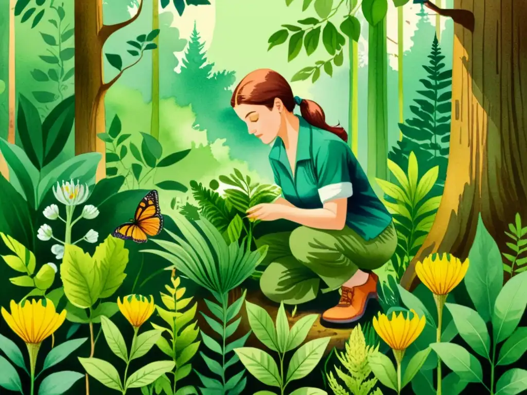 Una ilustración acuarela impresionante de un botánico recolectando y preservando especímenes botánicos en un exuberante bosque