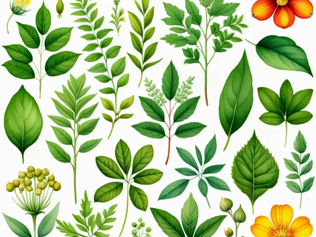 Una impresionante ilustración acuarela detallada de plantas medicinales, resaltando su diversidad y belleza natural