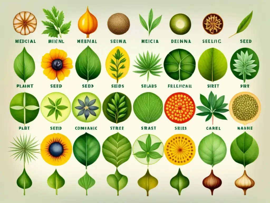 Impresionante ilustración detallada de semillas de plantas medicinales, destacando las formas, tamaños y colores diversos para mejorar la germinación