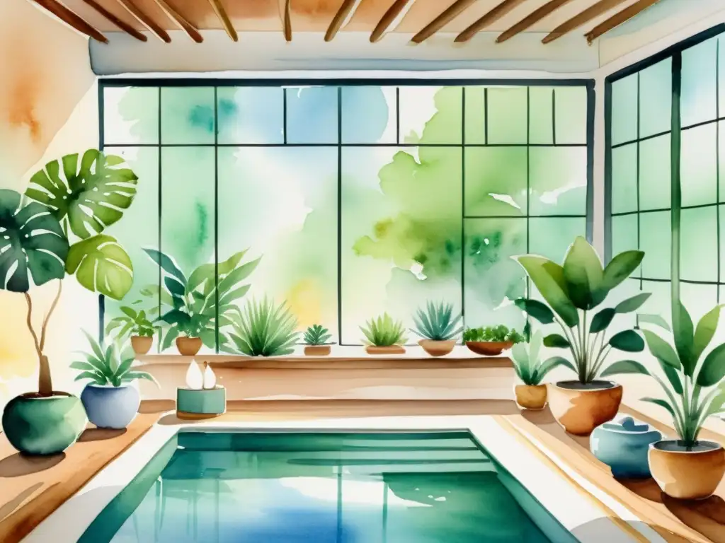 Una ilustración acuarela impresionante de un entorno de spa tranquilo con luz natural suave y plantas exuberantes