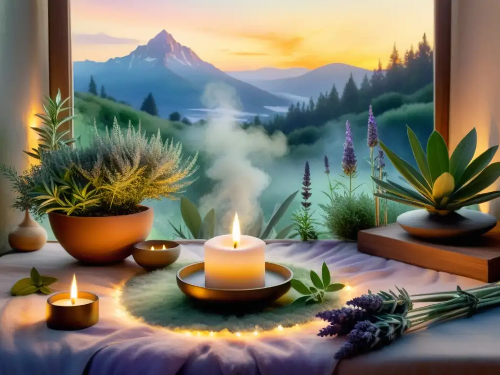 Una ilustración acuarela impresionante de un espacio de meditación sereno y con velas, adornado con hierbas sagradas como salvia, lavanda y romero