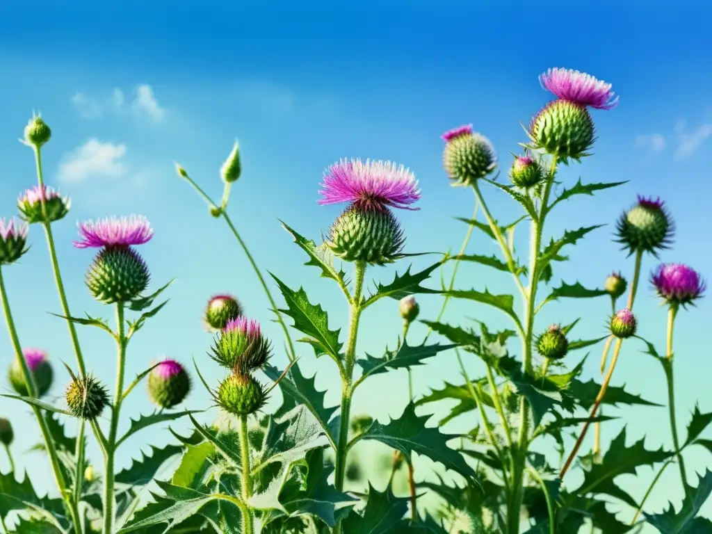 Impresionante ilustración de un exuberante campo verde con cardo mariano en flor, bajo un cielo azul