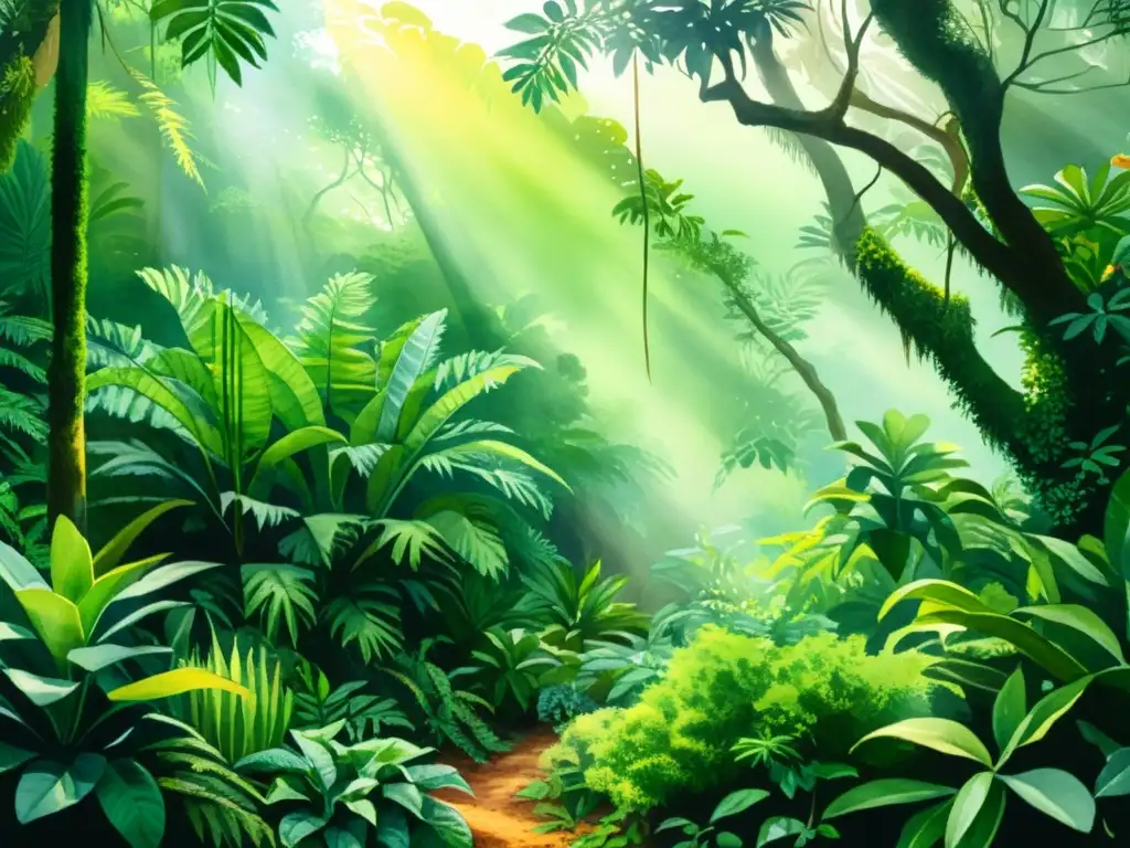 Una impresionante ilustración acuarela de un exuberante y frondoso bosque tropical, con plantas medicinales como el aloe, la cúrcuma y el eucalipto