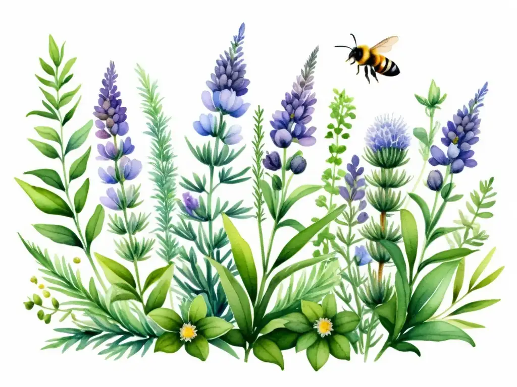 Jardín de hierbas aromáticas en acuarela: una explosión de color y vida Una ilustración acuarela impresionante de un exuberante jardín con hierbas aromáticas como lavanda, romero, menta y manzanilla