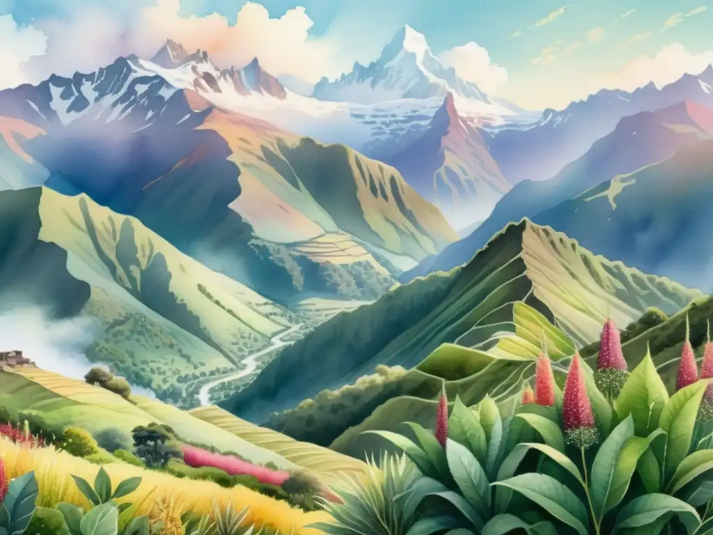 Una ilustración acuarela impresionante de un exuberante paisaje andino con plantas medicinales en detalle, evocando sabiduría ancestral