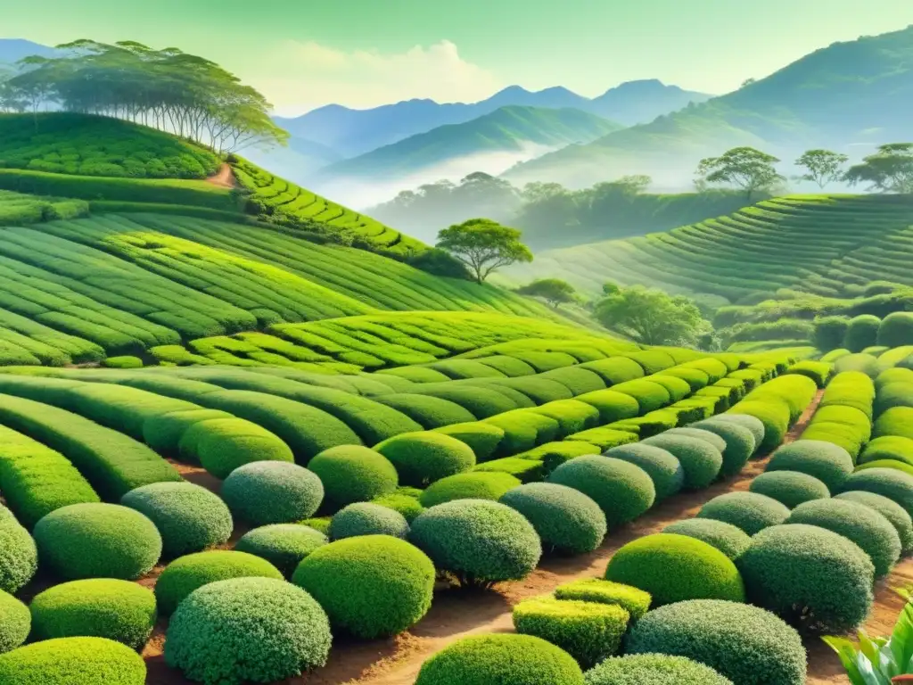 Una ilustración acuarela impresionante de una exuberante plantación de té, con filas de arbustos de té recortados que se extienden a lo lejos