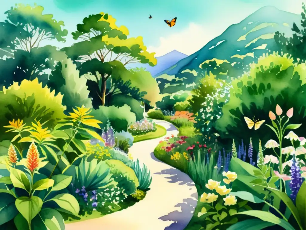 Una impresionante ilustración acuarela de un exuberante jardín botánico con plantas medicinales detalladas y coloridas