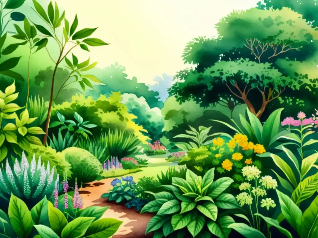 Una impresionante ilustración detallada en acuarela de un exuberante jardín botánico con plantas medicinales, realzando la realidad aumentada en plantas medicinales con colores vibrantes y vida en cada detalle