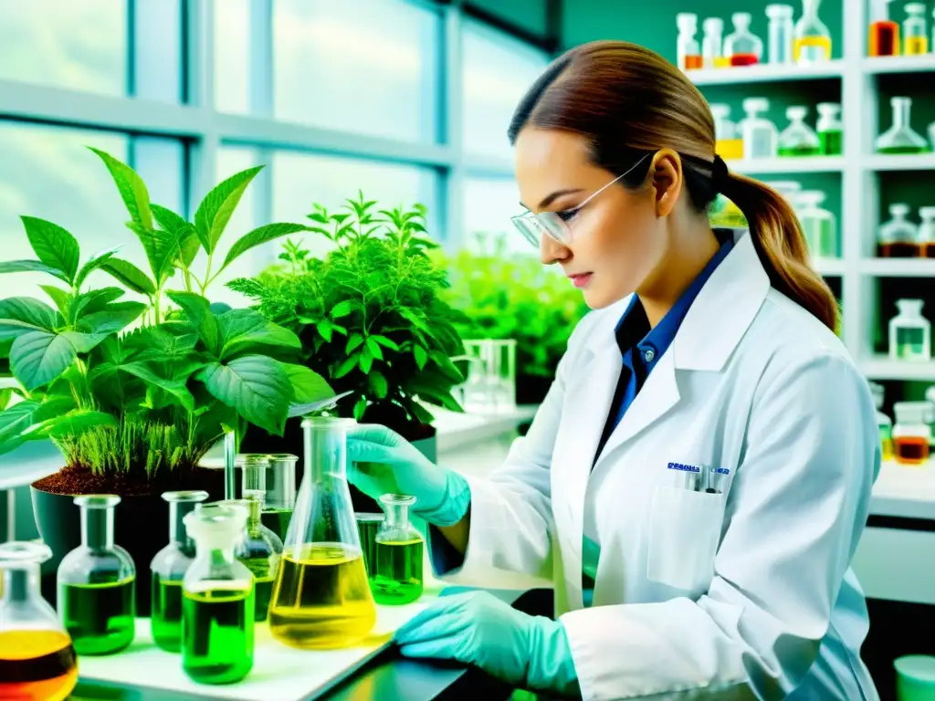 Una ilustración acuarela impresionante de un laboratorio con científicos trabajando con extractos de plantas y compuestos en vidriería, exudando rigor científico y descubrimiento