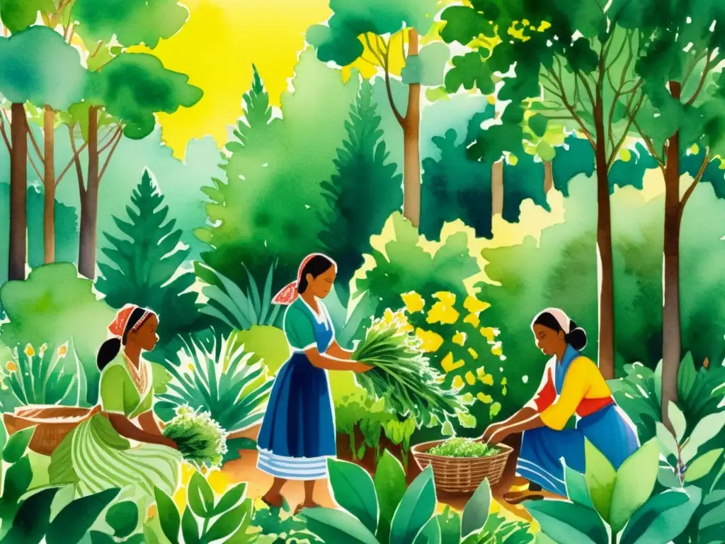 Un impresionante mural de acuarela muestra a mujeres recolectando hierbas en un bosque exuberante, destacando el rol de las mujeres en herbolaria