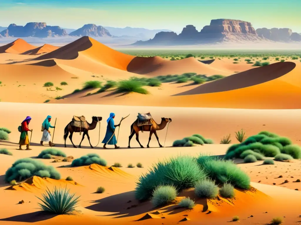 Un impresionante paisaje acuarela del Sahara con nomadas cuidando plantas medicinales del desierto