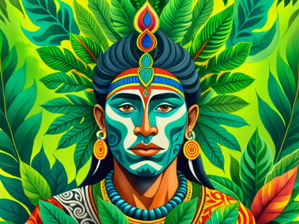 Una impresionante pintura de acuarela que retrata un chamán liderando un ritual de ayahuasca en la exuberante selva amazónica