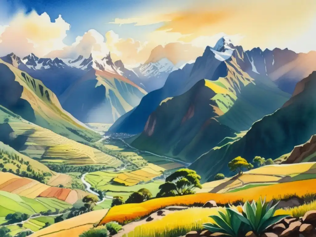 Una impresionante pintura acuarela de un paisaje vibrante en Perú, con los majestuosos Andes de fondo y campos de maca en primer plano