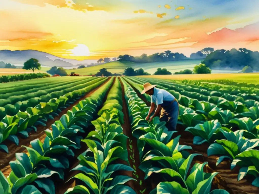 Una impresionante pintura al agua detalla un campo de cultivo exuberante al atardecer, con un cálido resplandor dorado