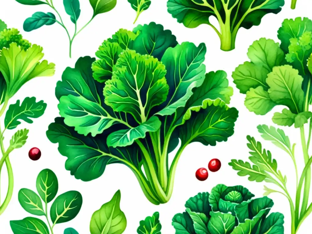 Una ilustración acuarela impresionante de plantas vibrantes y nutrientes como kale, espinacas, bayas y brócoli, con detalles intrincados y texturas