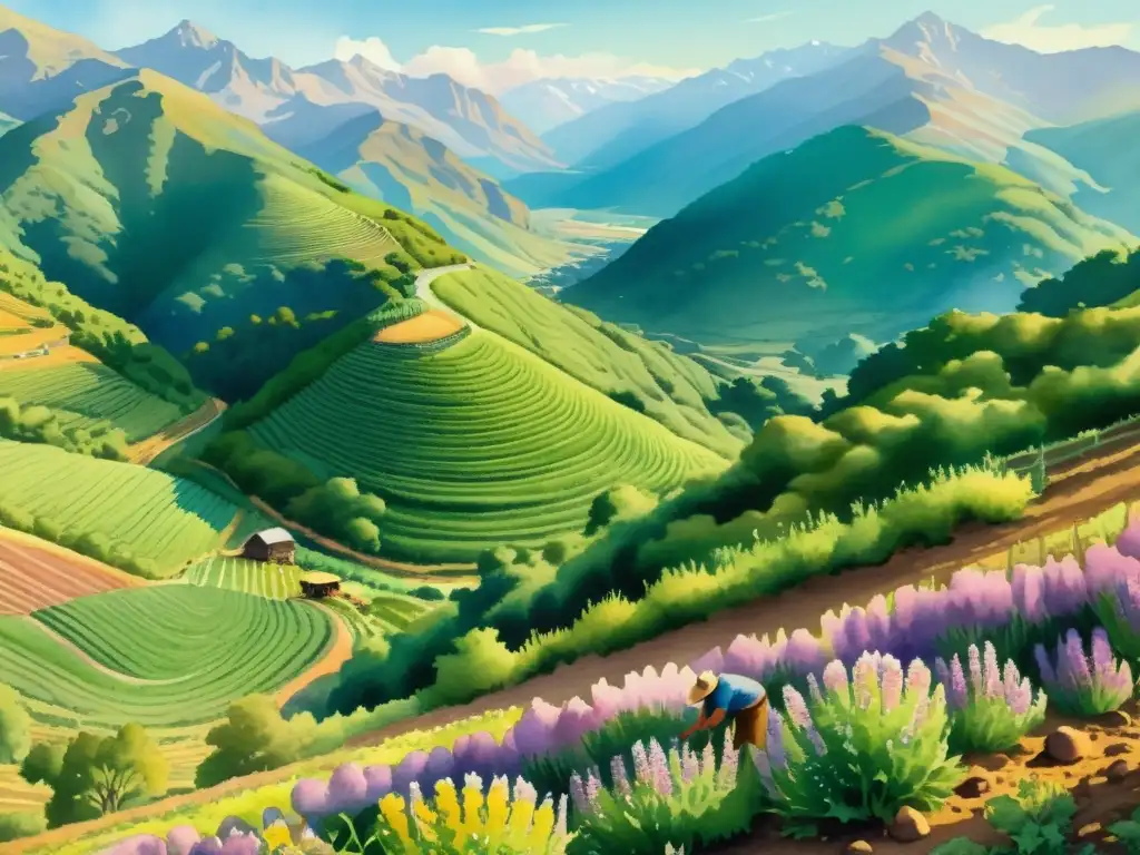 Una ilustración acuarela impresionante muestra la sierra serena con agricultores cuidando las delicadas flores de malva