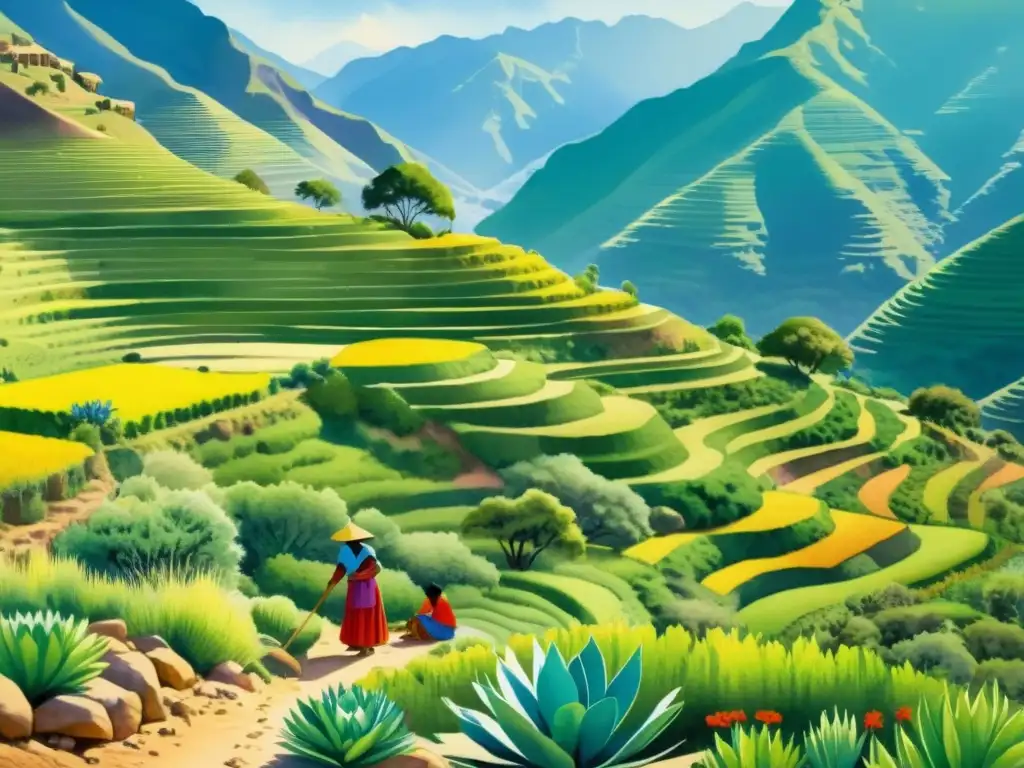 Una impresionante ilustración acuarela de los Tarahumaras cuidando sus plantas sagradas en un paisaje montañoso vibrante y exuberante