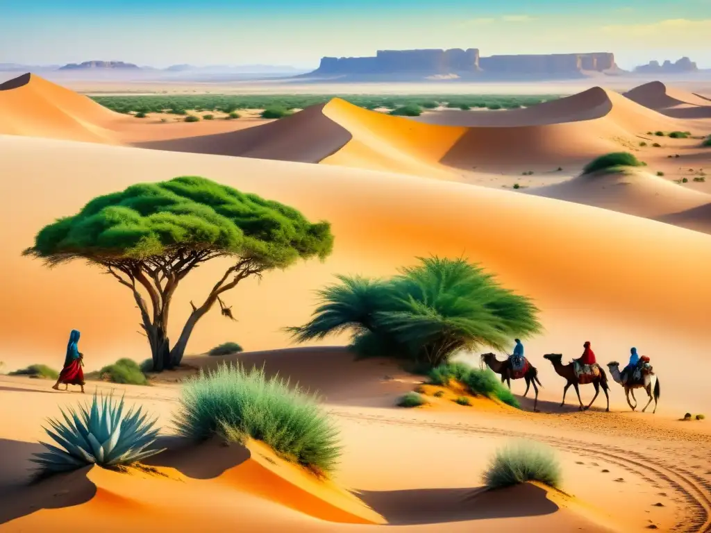 Una ilustración acuarela impresionante de una tribu nómada en el desierto del Sahara, rodeada de plantas medicinales únicas de la región